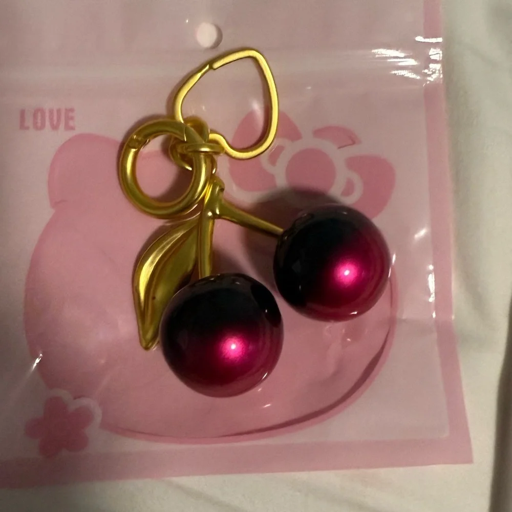 Bag Charm Gold and Red Ombré Cherry Key Fob/Bag charm with dangling heart ♥️